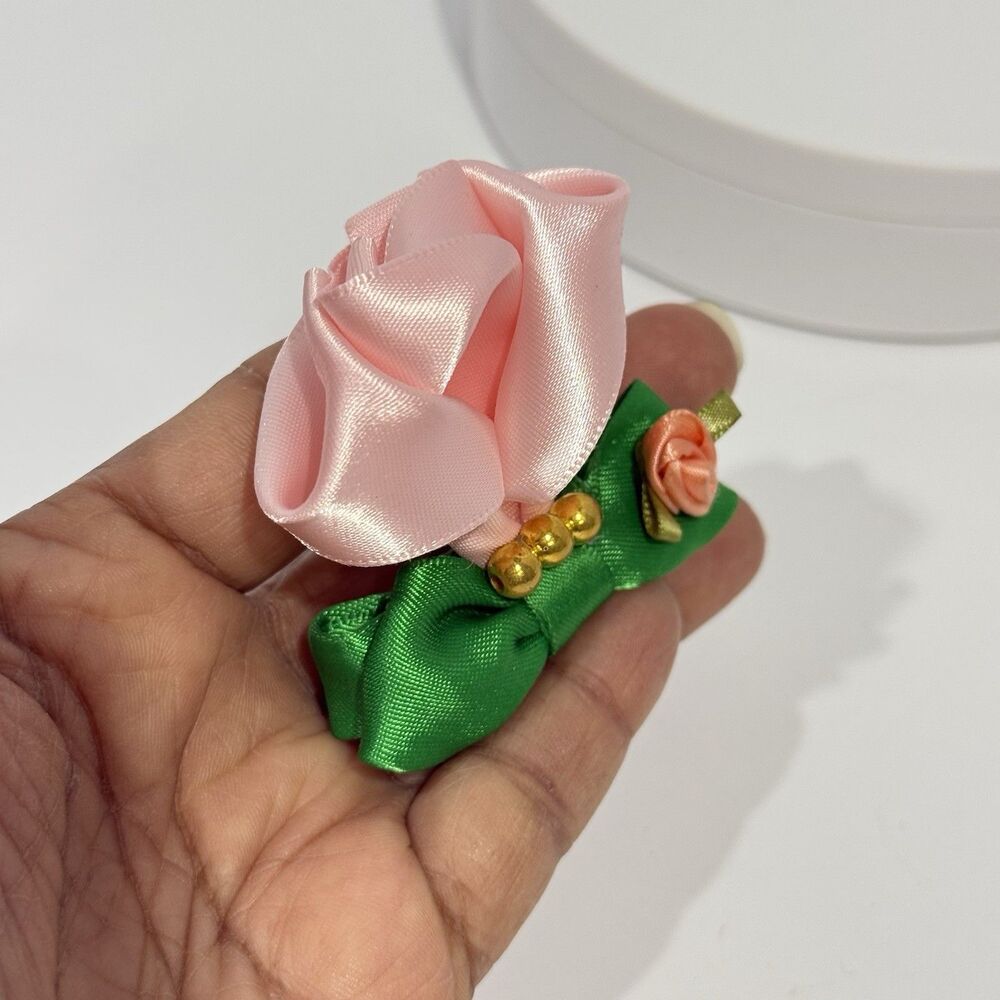 Handmade Satin Rose Hair Clip Pink Flower Green Bow Romantic Cottagecore 2.5 In - Picture 6 of 11